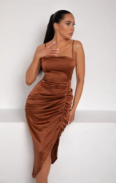 Chocolate Satin Ruched Split Strappy Bodycon Midi Dress - Savannah