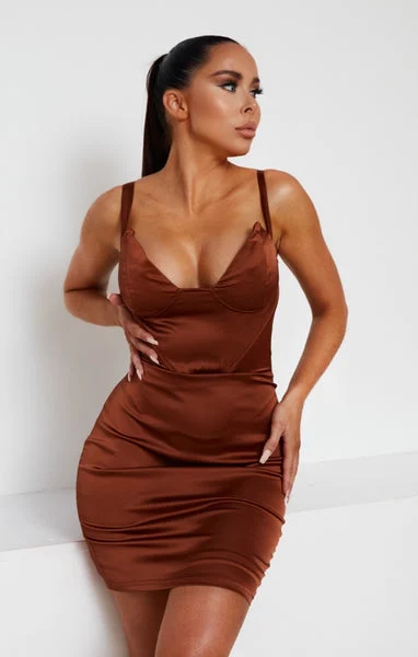 Chocolate Satin Shaped Cup Mini Dress - Amalia