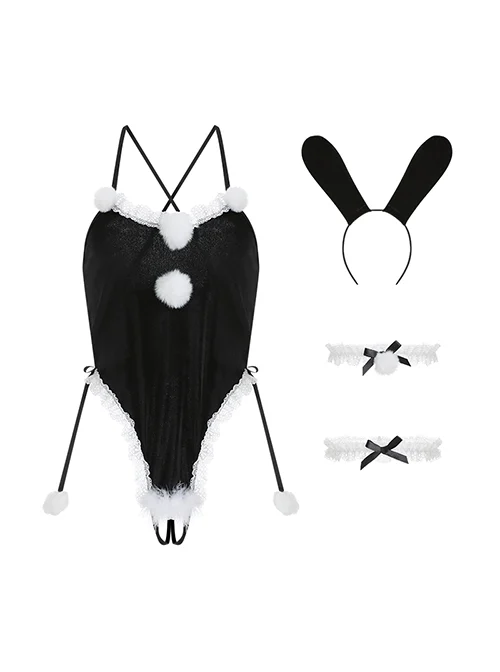 Christmas Style Velvet Pure Desire Jumpsuit Bunny Girl Uniform Backless Open Crotch Sexy Lingerie Set