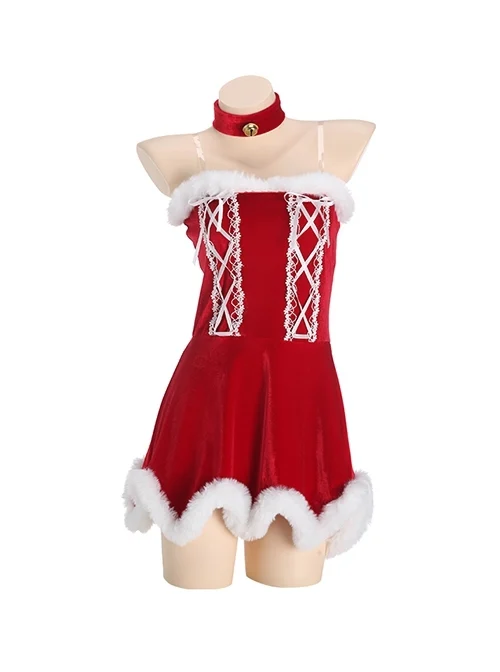 Christmas Uniform Plush Stitching Red Velvet Princess Style Backless Dress Sexy Lingerie Set