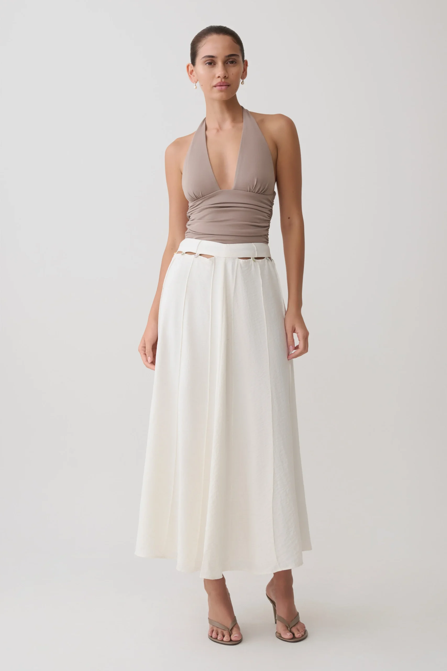 ClairePearl Button Midi Skirt - White