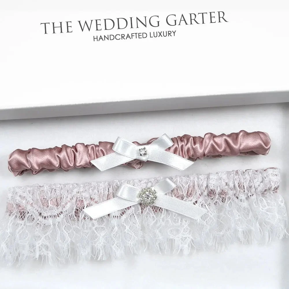 Clarissa Dusty Pink & Chantilly Lace Satin Wedding Garter Set (15 Colours)
