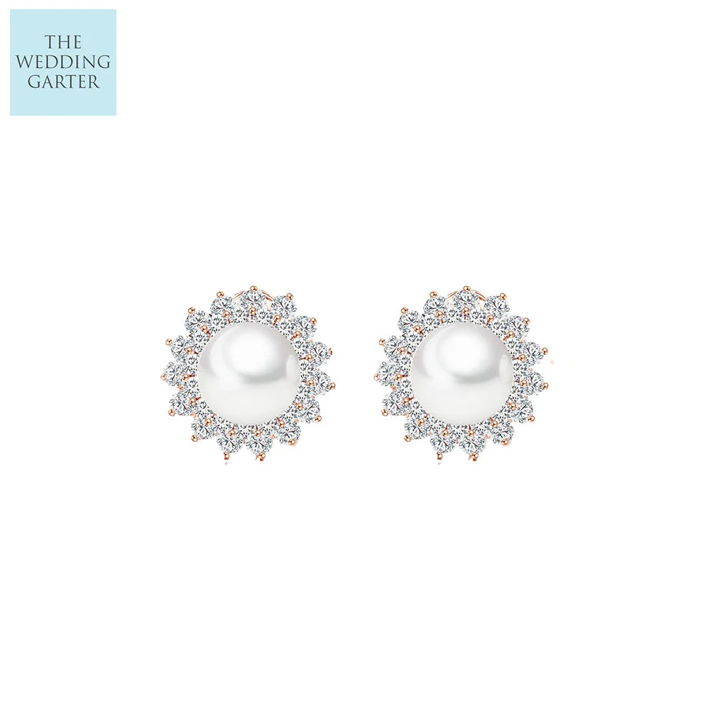 Classic Style Pearl & CZ Gold Stud Earrings