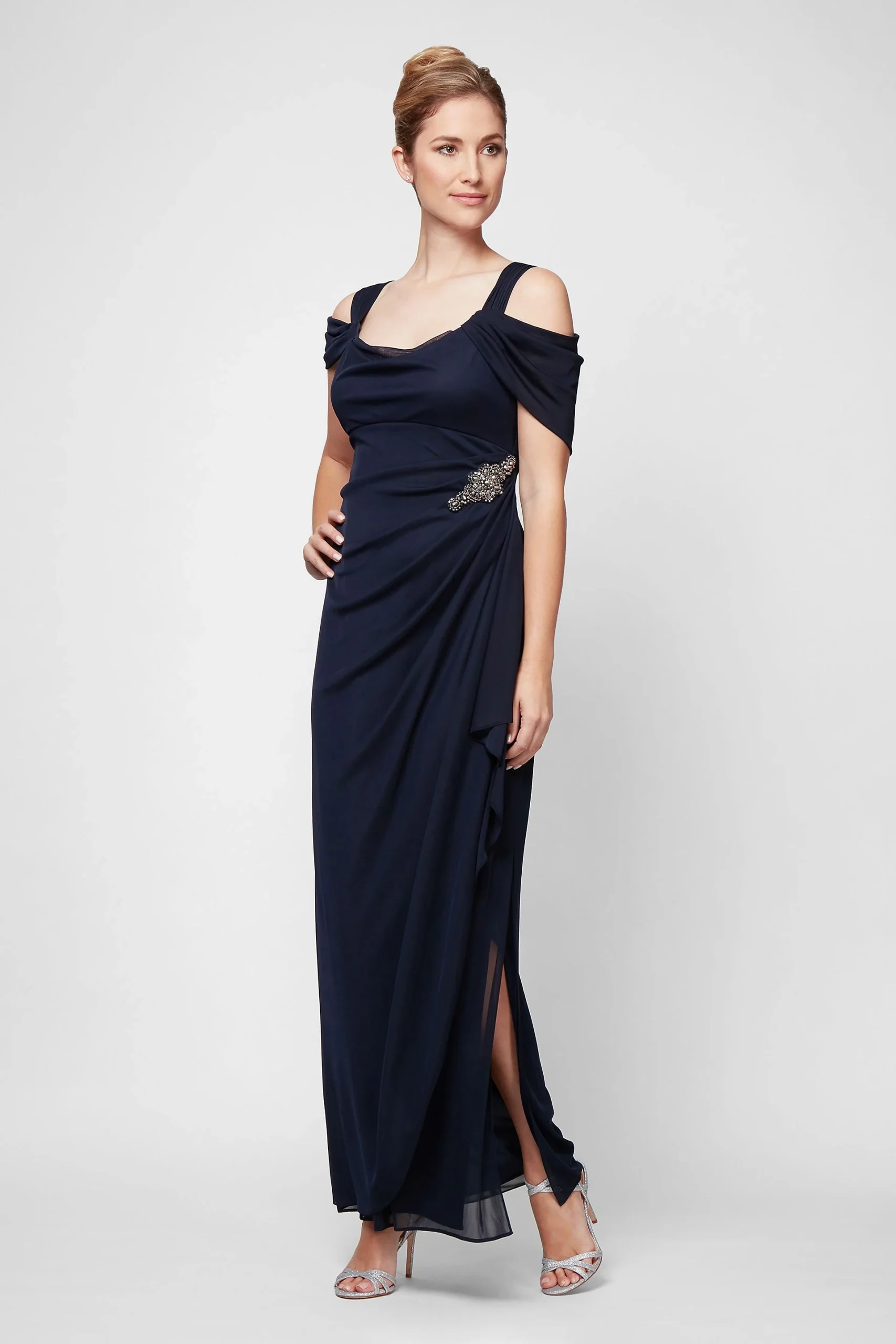 Cold-Shoulder Cowlneck Dress with Cascade Skirt