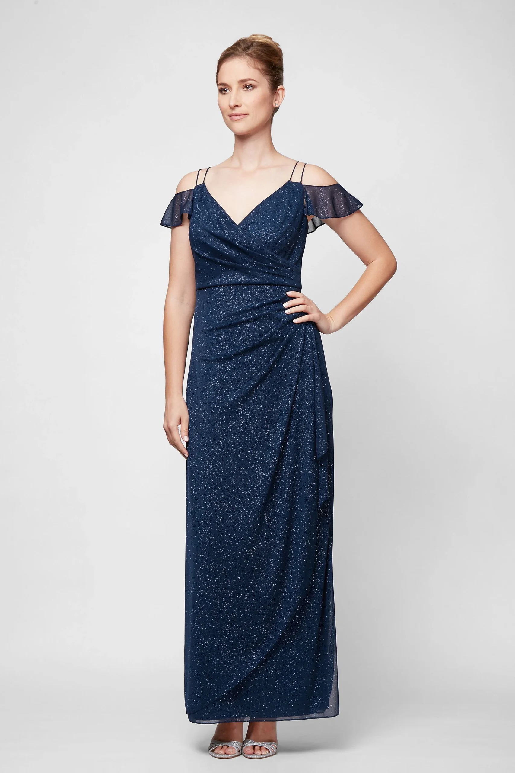 Cold-Shoulder Surplice Mesh Dress with Cascade