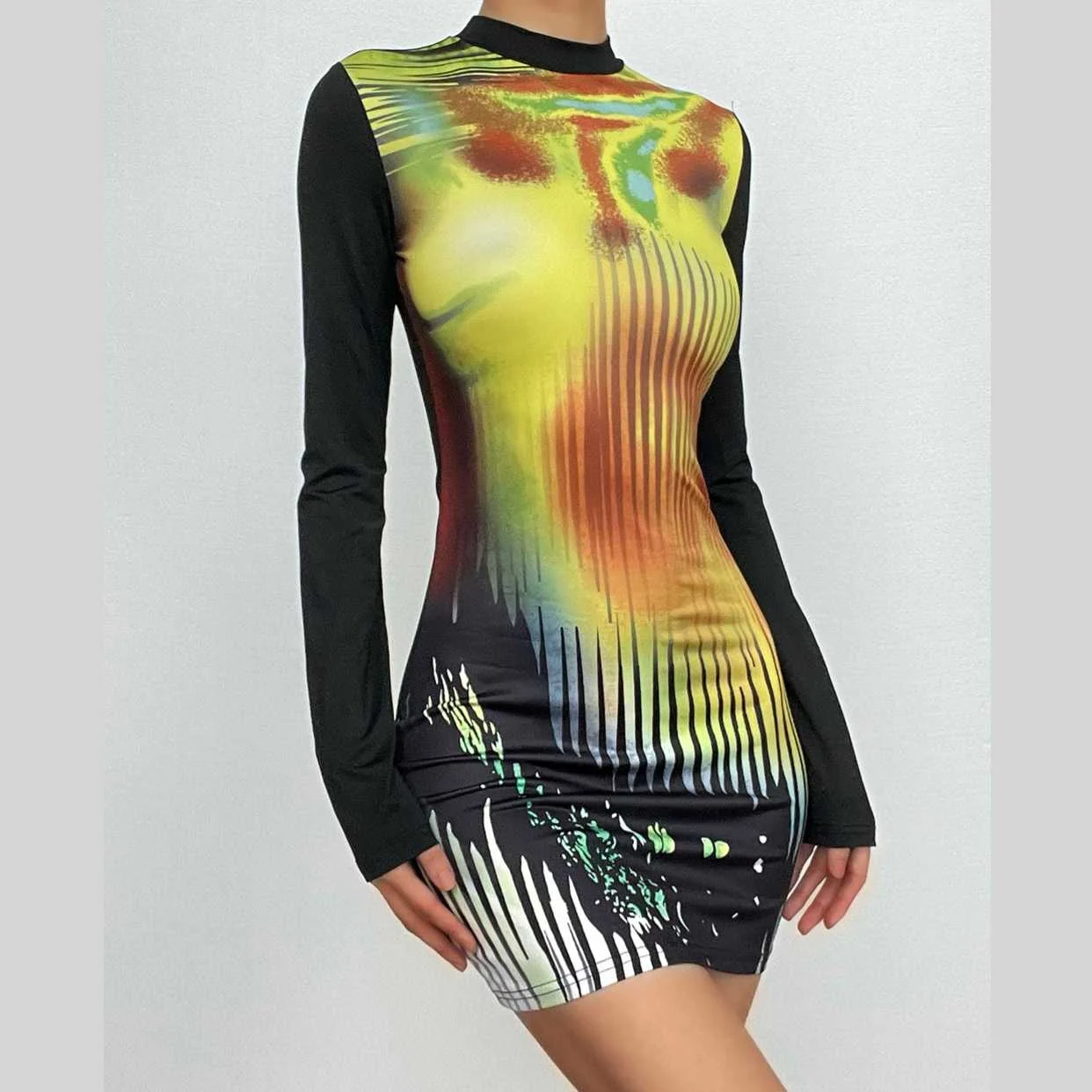 Contrast print long sleeve high neck patchwork mini dress
