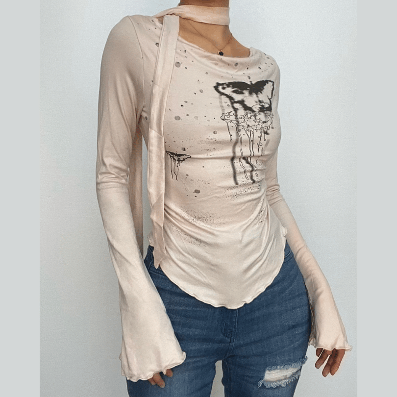 Contrast print off shoulder slit long sleeve top