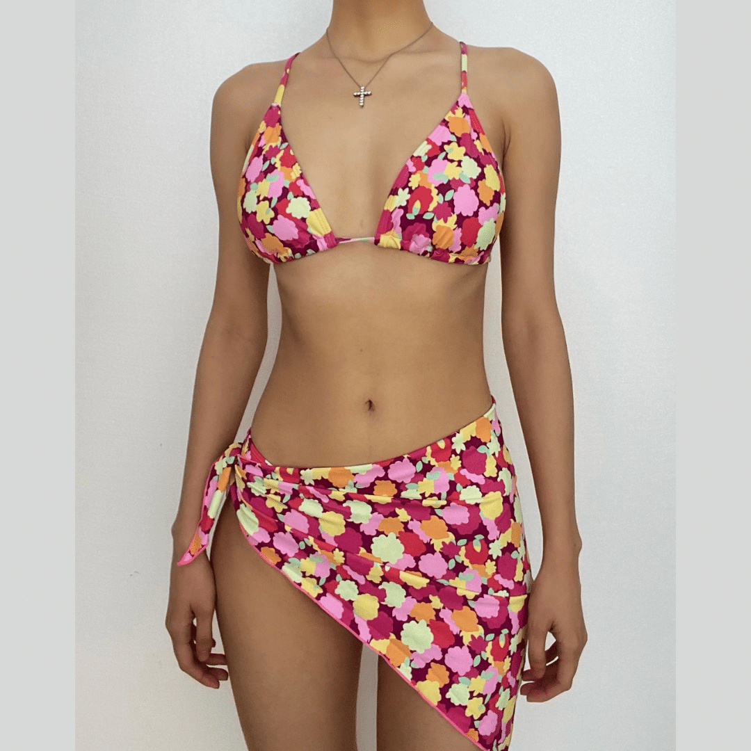 Contrast print self tie backless 3 piece swimwear