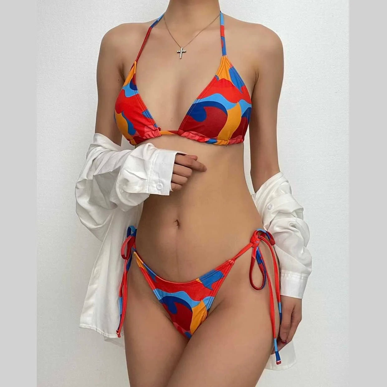 Contrast print self tie halter backless bikini swimwear