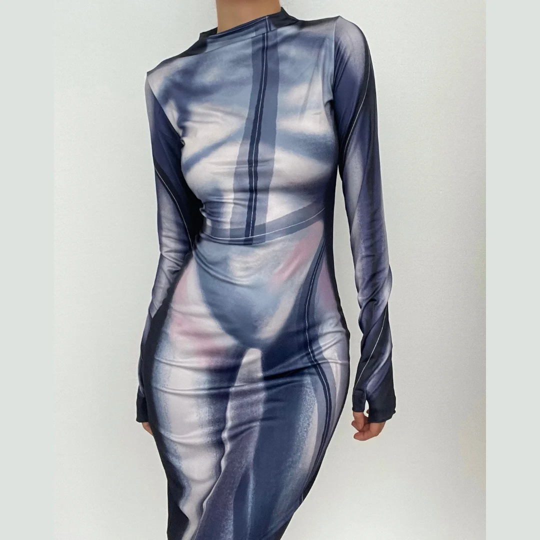 Contrast print slit long sleeve gloves high neck maxi dress