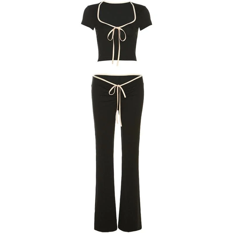 Contrast self tie v neck short sleeve low rise pant set