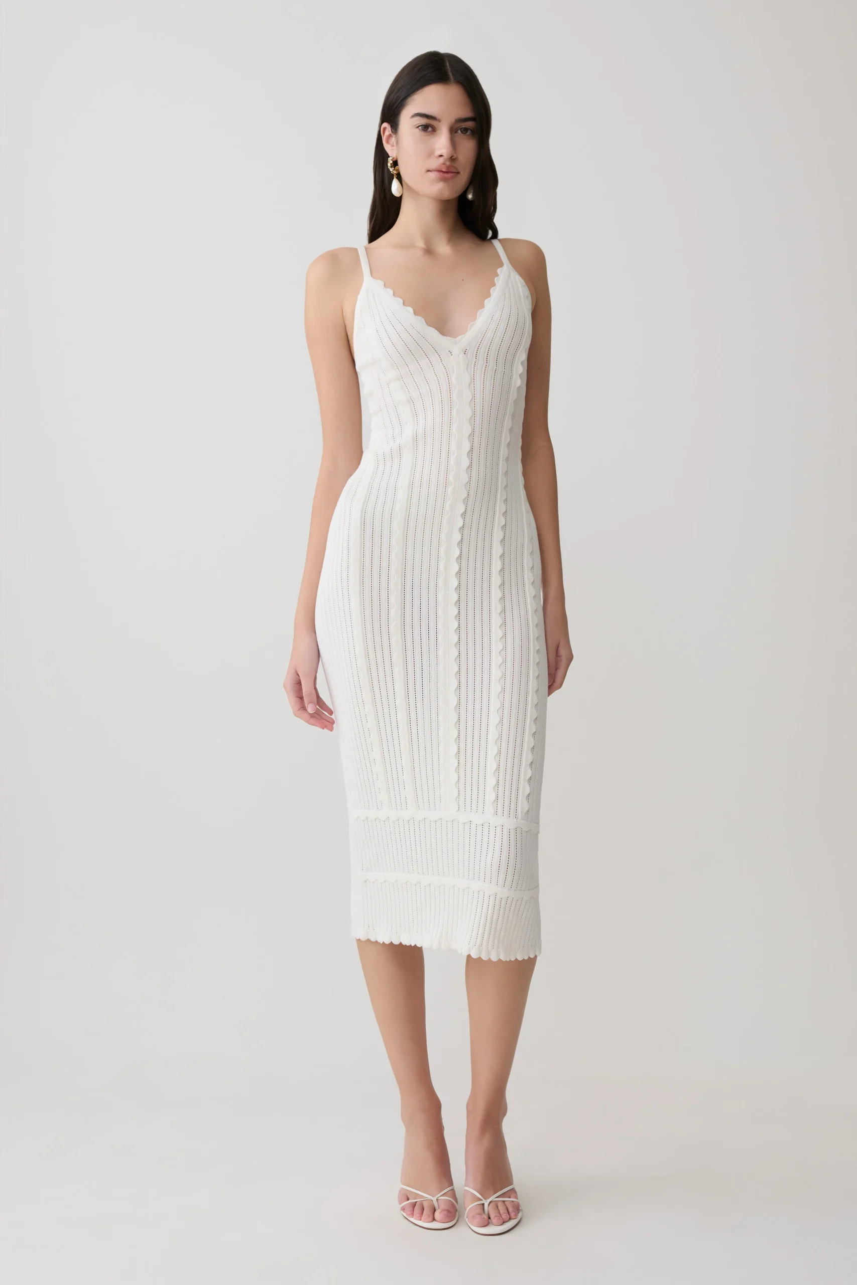 CooperScalloped Neckline Pointelle Midi Dress - White