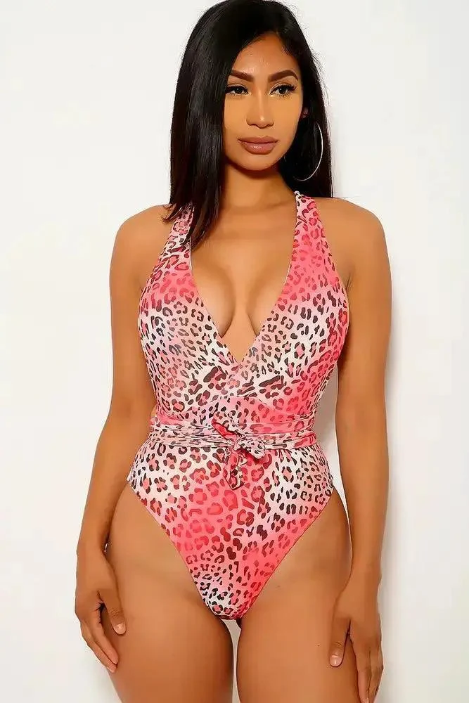 Coral Leopard Print Plus Size One Piece Swimsuit