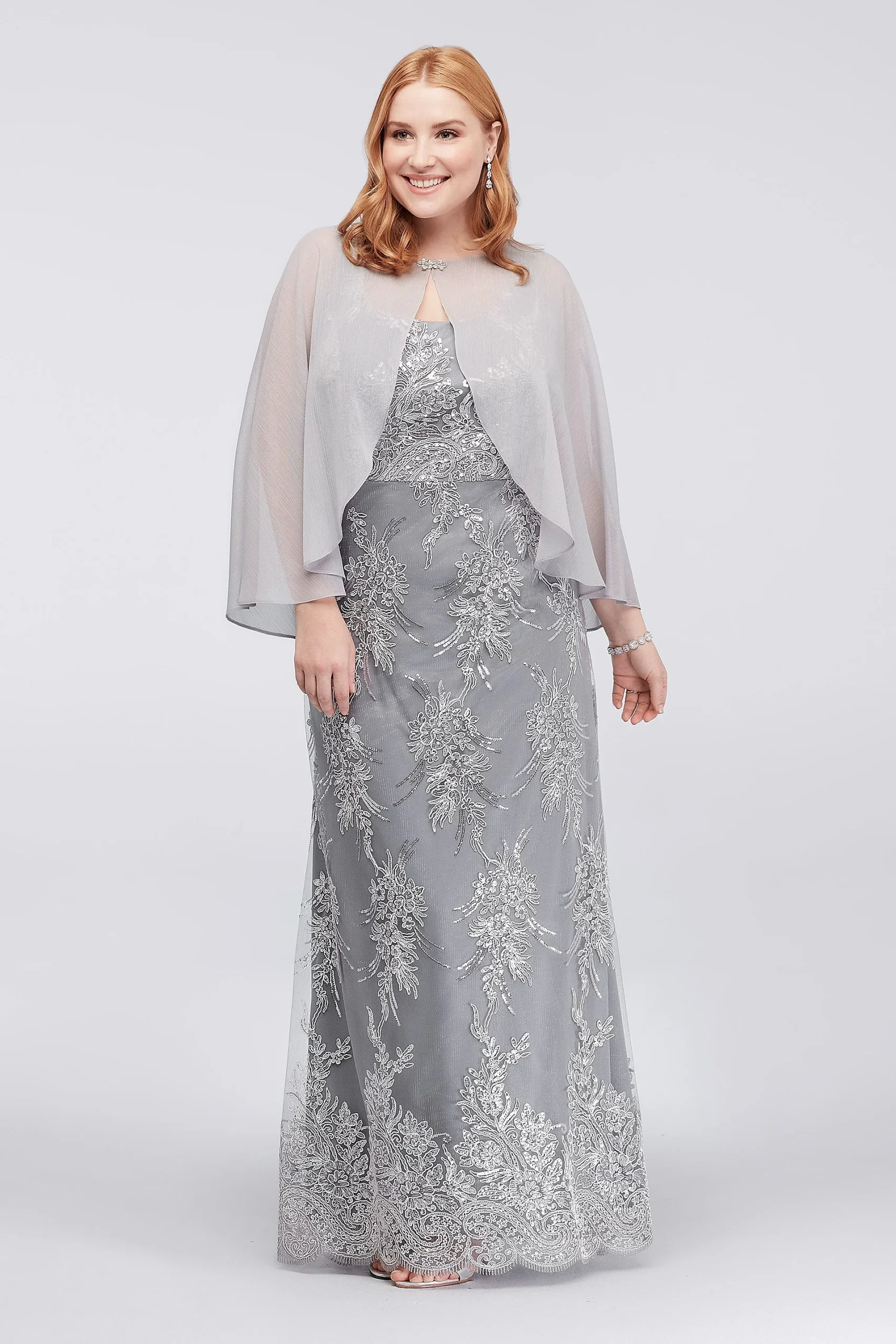 Corded Lace Plus Size Sheath and Chiffon Capelet