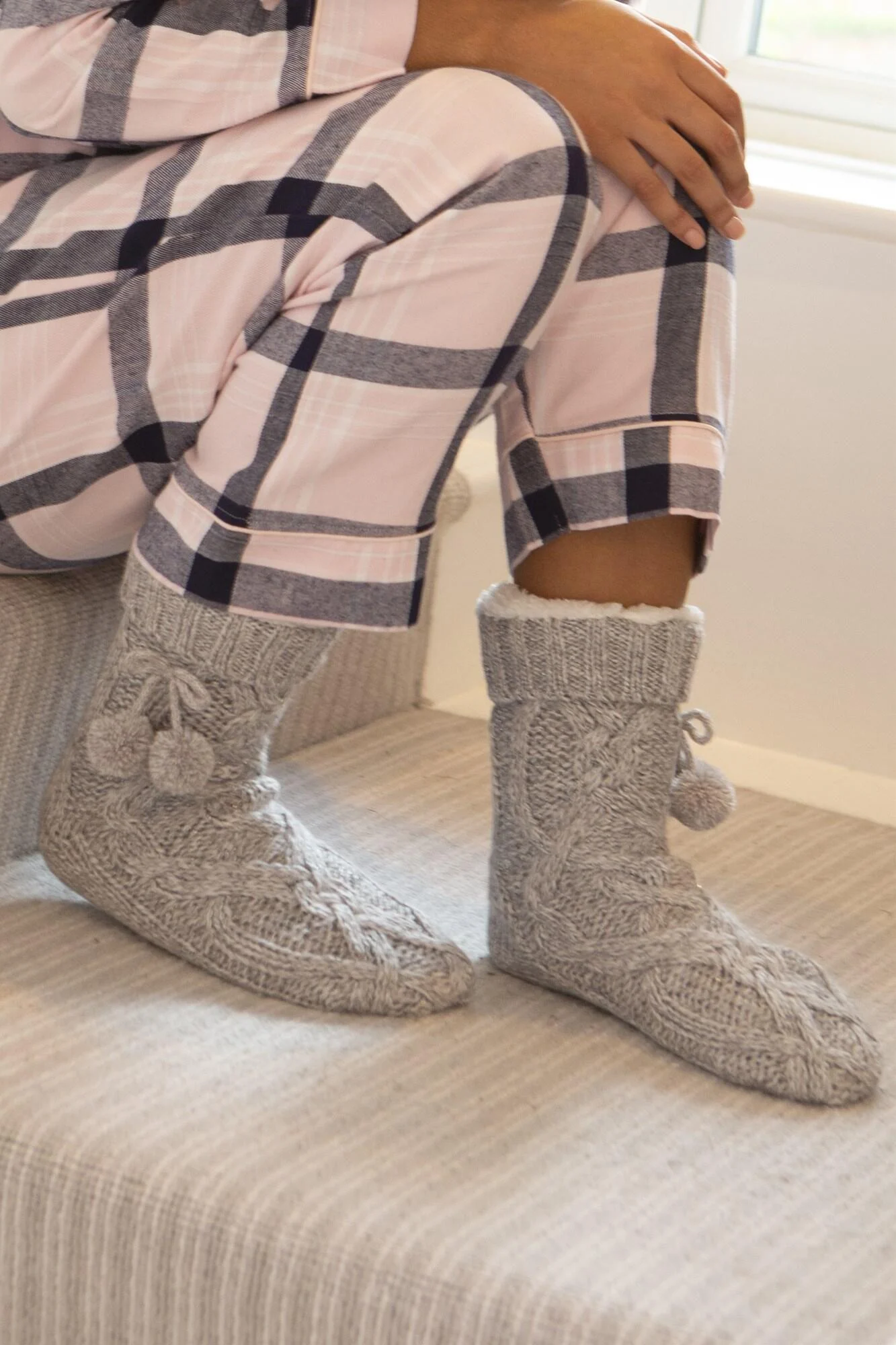 Cosy Cable Knit Slipper Sock- Grey