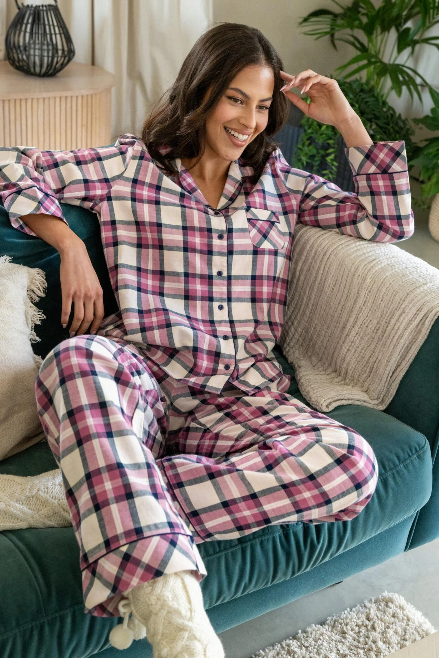 Cosy Check Brushed Cotton Pyjama Gift Set - Pink/Navy