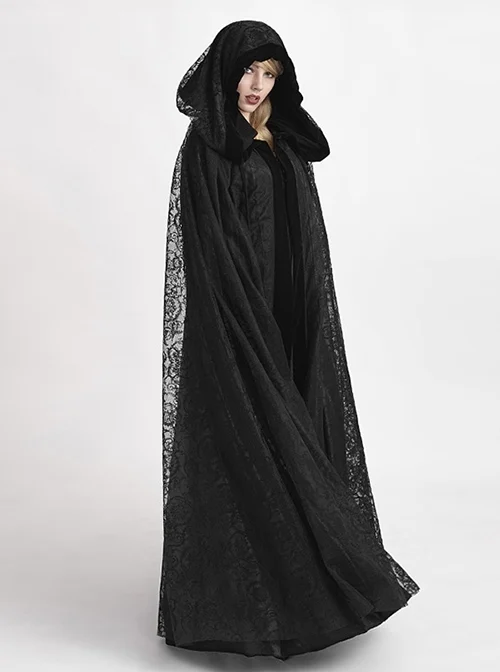 Court Black Polyester Lace Long Punk Style Ladies Hooded Cape