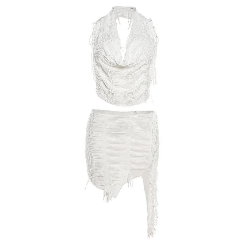 Cowl neck textured halter backless irregular tassels mini skirt set