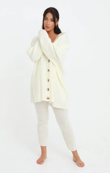 Cream Button Through Relaxed Fit Knitted Loungewear Set - Isabella