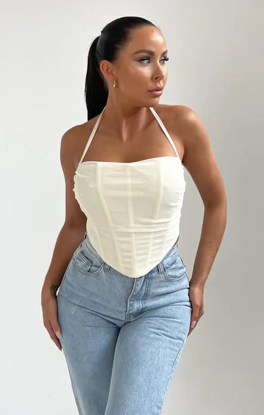 Cream Halter Neck Strappy Boned Corset Style Top - Cici