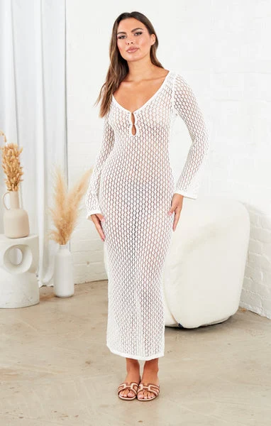 Cream Knit V Neck Long Sleeve Crochet Keyhole Maxi Dress - Lyris