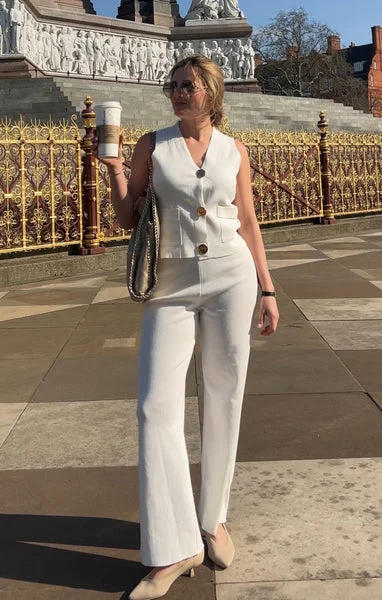 Cream Knitted Sleeveless Waistcoat With Wide Leg Trouser Co Ord Set - Natalia