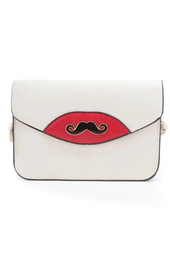 Cream Mustache Pendant Faux Leather Clutch
