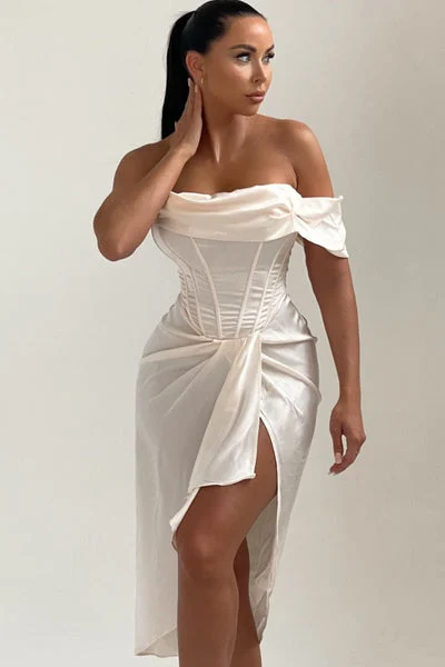 Cream Off The Shoulder High Split Corset Midi Dress - Brooke
