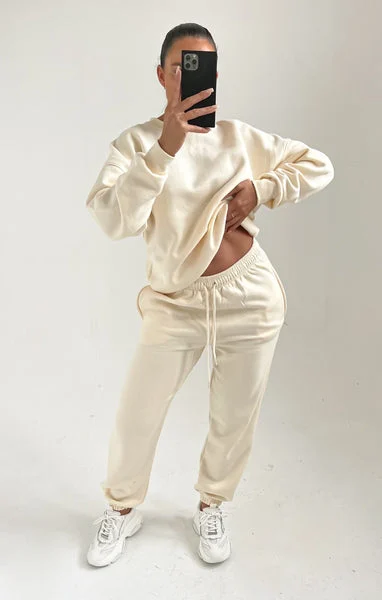 Cream Oversized Crew Neck Sweatshirt Cuffed Joggers Loungewear Set - Averi