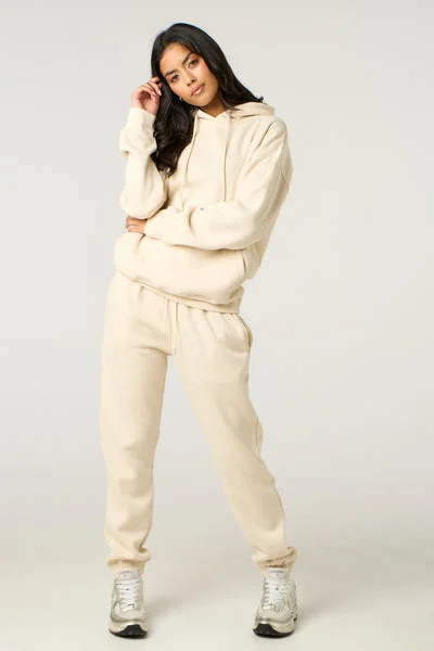 Cream Oversized Front Pocket Pullover Hoodie Cuffed Joggers Loungewear Set - Alexia