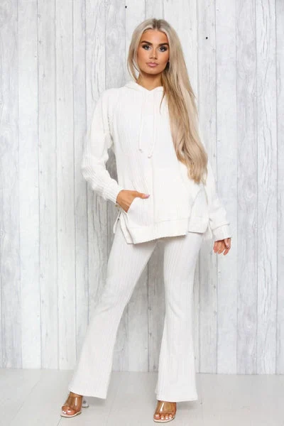 Cream Ribbed Knitted Hoodie & Flared Loungewear Set – Alaya