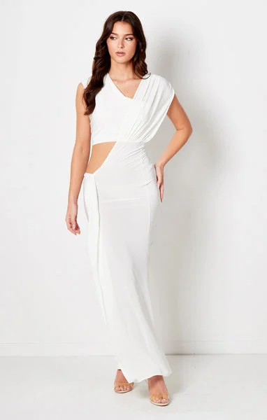 Cream Ruched Detail High Neck Cut Out Detail Maxi Dress-Adeline