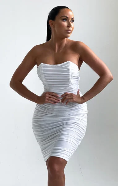 Cream Ruched Mesh Bandeau Bodycon Midi Dress - Eda