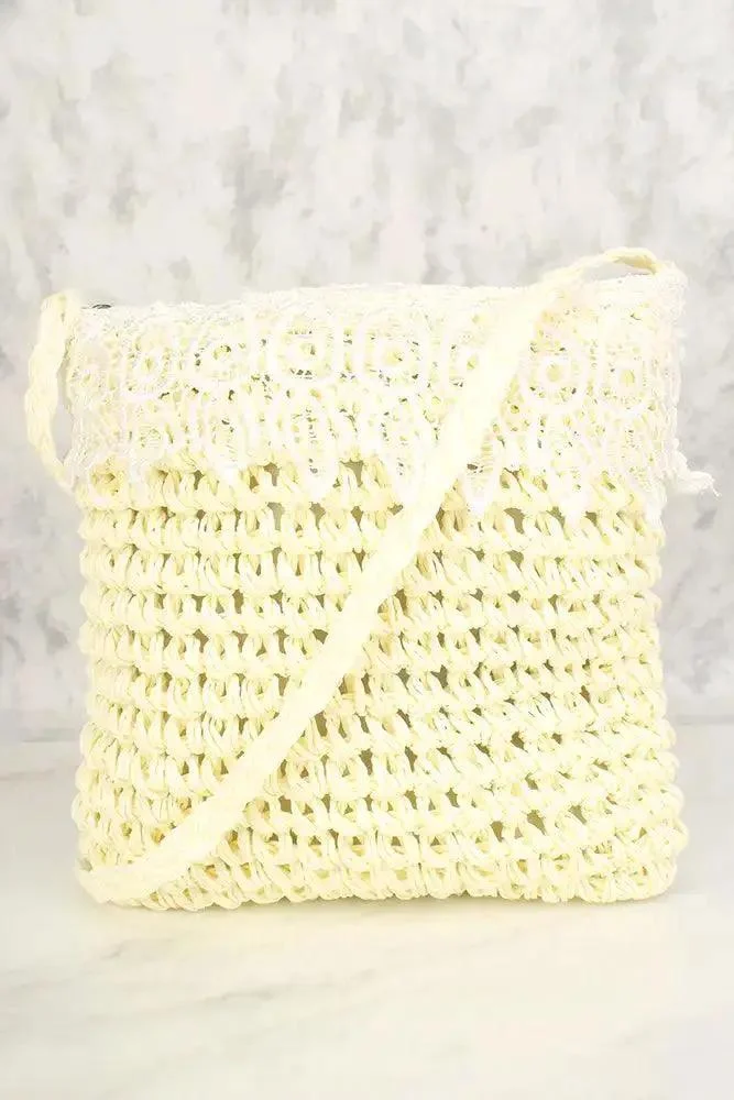 Cream Straw Embroidered Crochet Shoulder Handbag