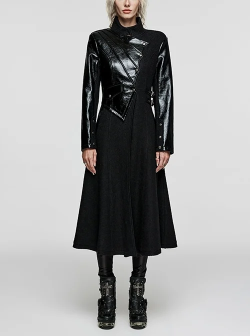 Creative Black Leather Spliced Wool Special-Shaped Pattern Side Pockets And String Gothic Style Long Sleeved Thick Coat