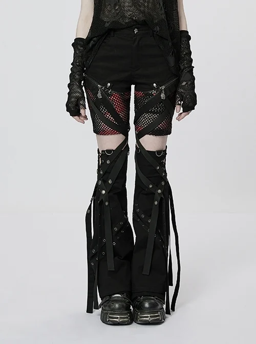 Creative Two-Wear Irregular Twill Stretch Fabric Stitching Rhombus Mesh Black Red Punk Flared Split Trousers