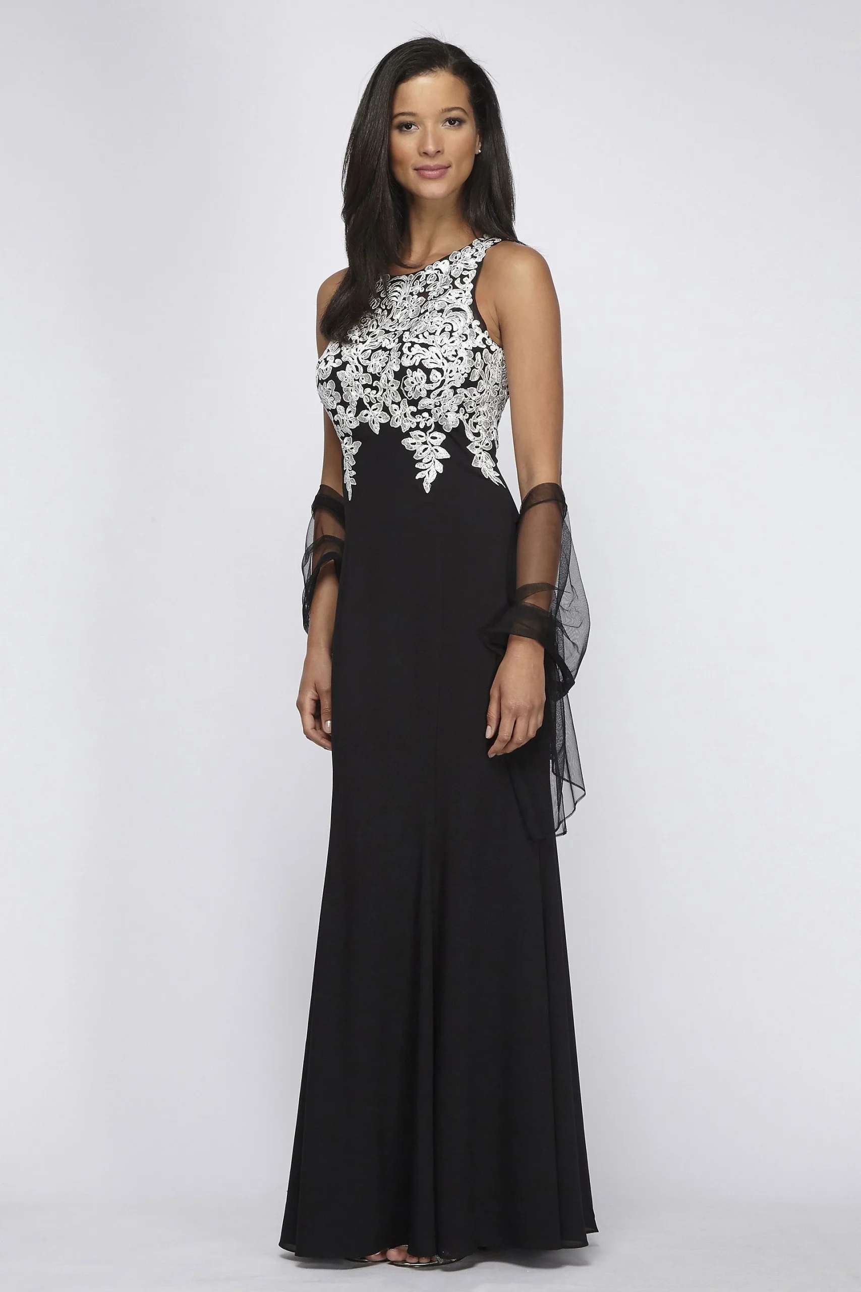 Crepe Gown with Sequin Lace Appliques and Shawl