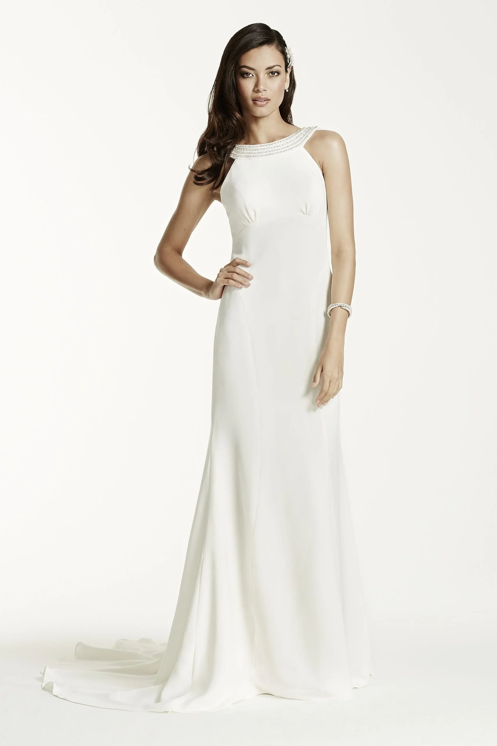 Crepe Halter Sheath Gown with Draped Back