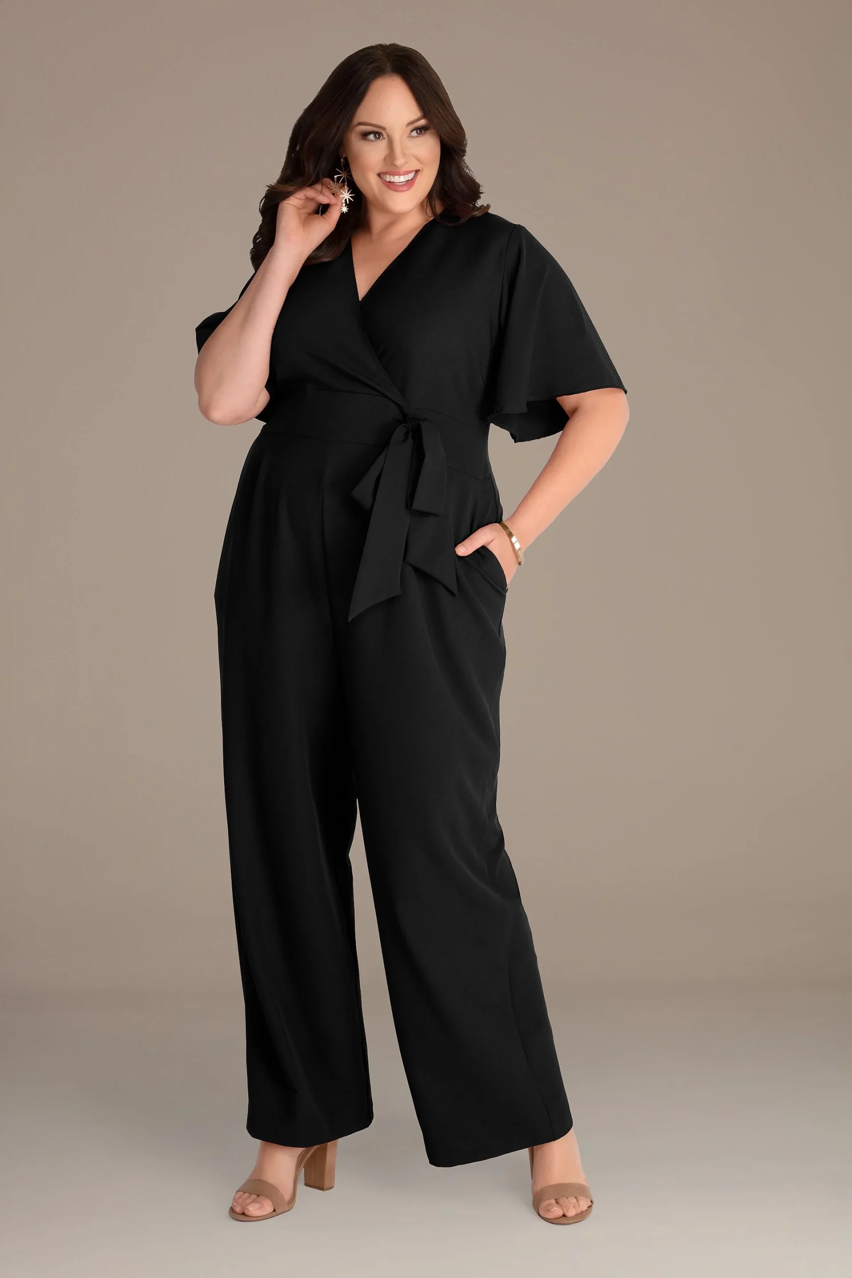 Crepe Plus Jumpsuit with Flutter Sleeve
