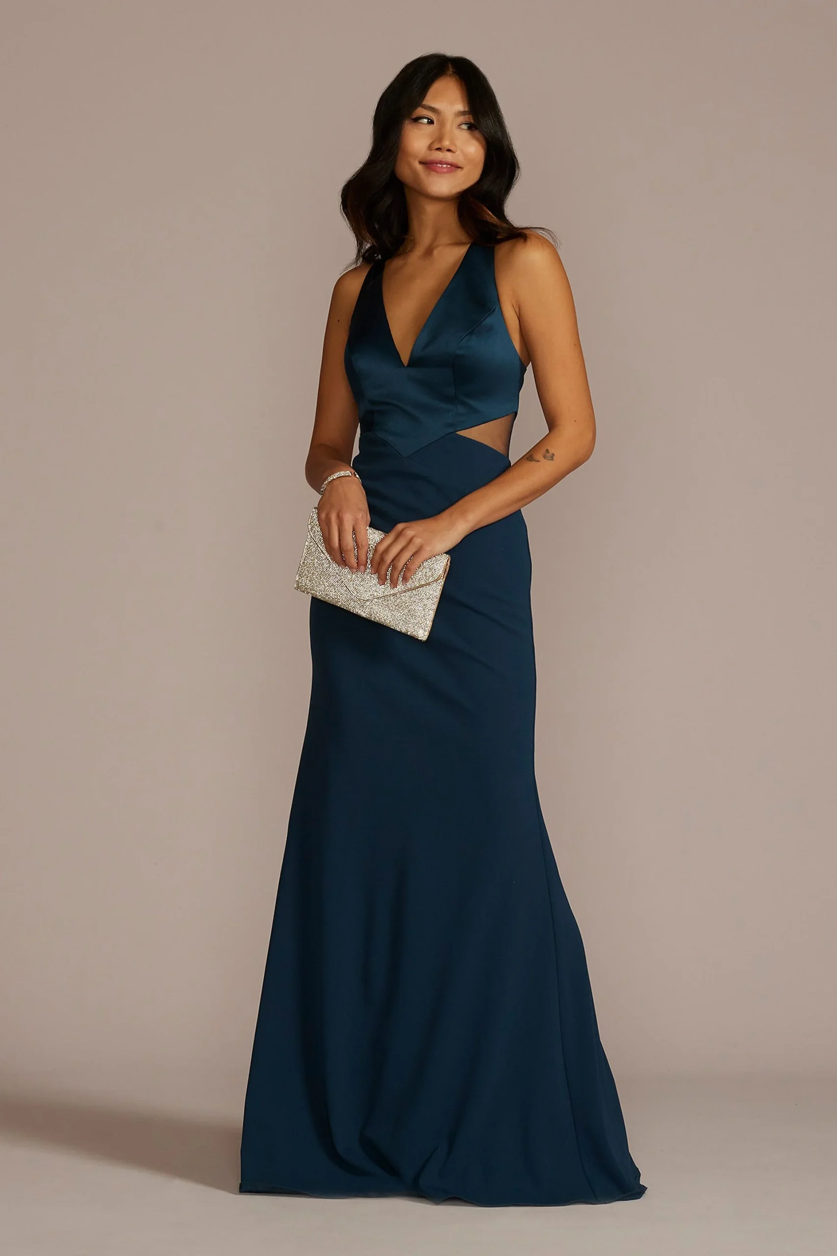 Crepe Sheath Plunge Long Gown with Illusion Cutout