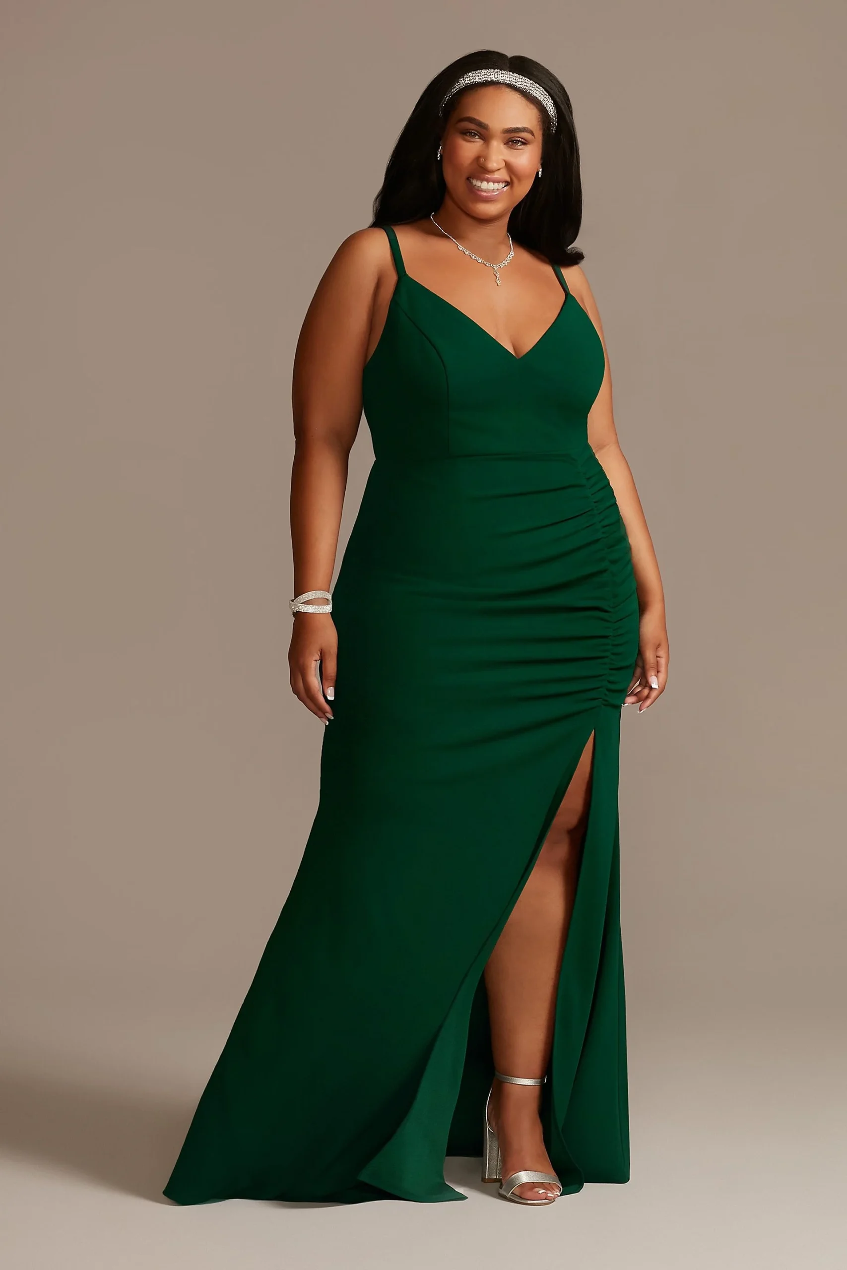 Crepe Spaghetti Strap Gown with Ruching