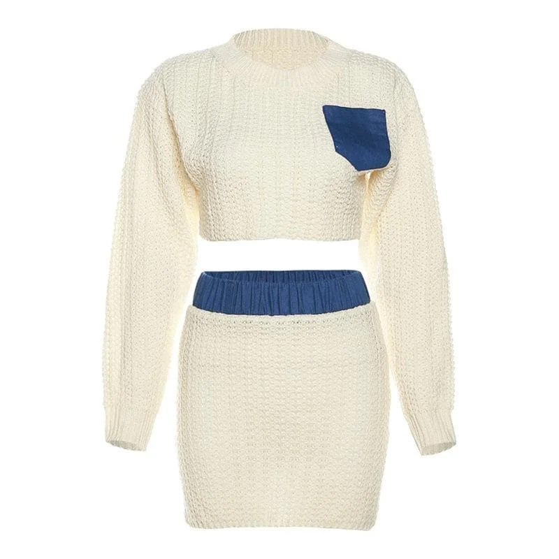 Crewneck long sleeve crochet contrast patchwork mini skirt set