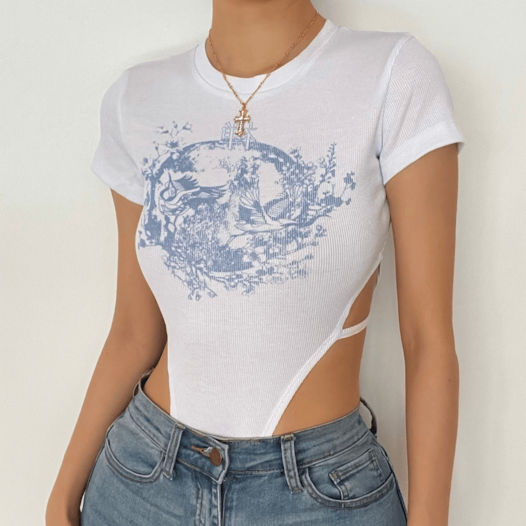 Crewneck short sleeve print hollow out bodysuit