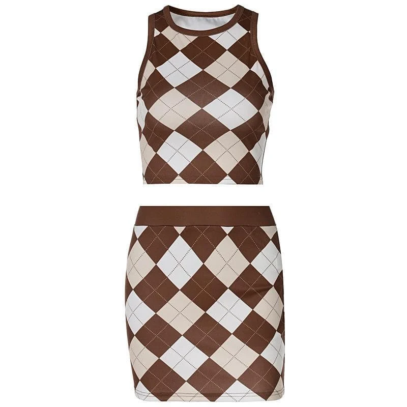 Crewneck sleeveless plaid skirt set