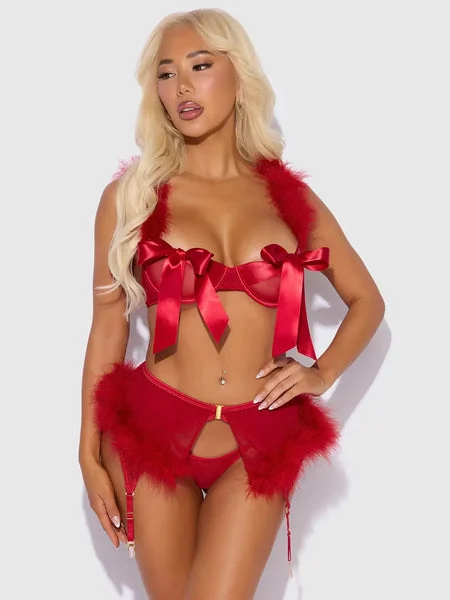 CRIMSON RED 3 PIECE BRA SET WITH RED SATIN BOW TIES