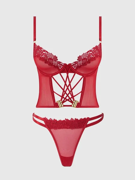 CRIMSON RED ALEXISS LACE BUSTIER SET