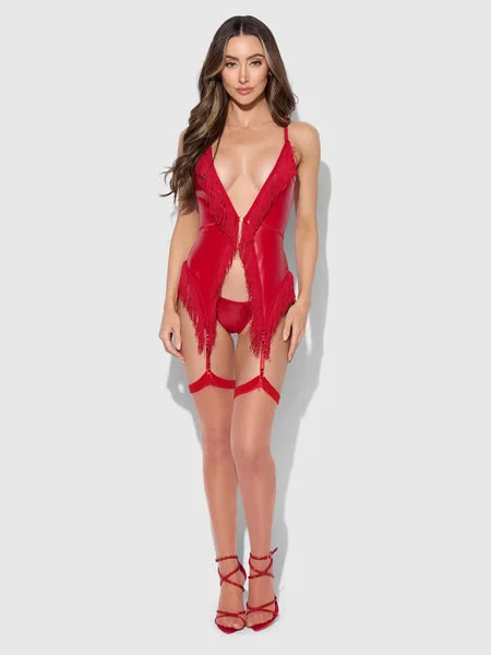 CRIMSON RED CHEMISE SET : red lingerie leather