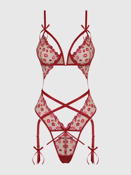 CRIMSON RED LIPS EMBROIDERY CUTOUT TEDDY
