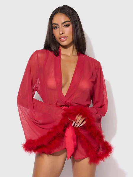 CRIMSON RED MARABOU & MESH SHORT ROBE