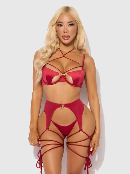 CRIMSON RED SILKY MICRO & ROPE BRA, GARTER & THONG SET